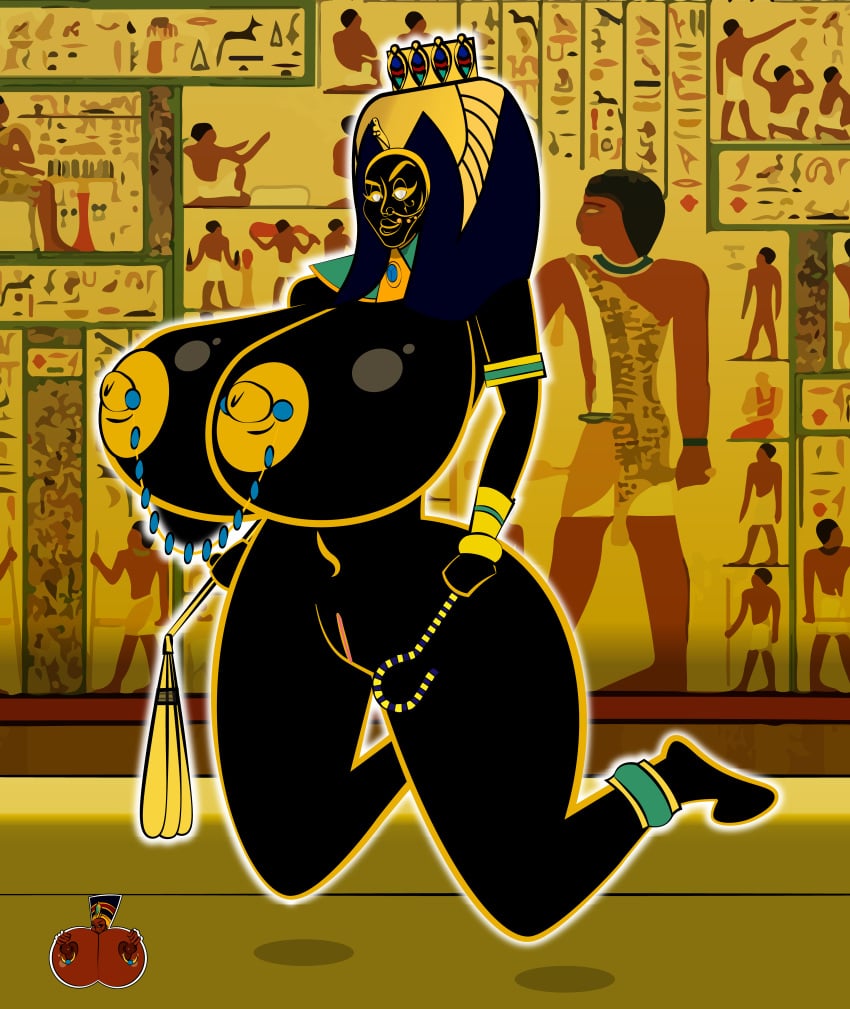 big_breasts black_skin blank_eyes egyptian egyptian_god egyptian_headdress egyptian_mythology erect_nipple erect_nipples hieroglyphics hovering huge_breasts huge_nipples large_breasts newdity nipple_piercing nose_ring pierced_nipples smirk tale_of_ebonee