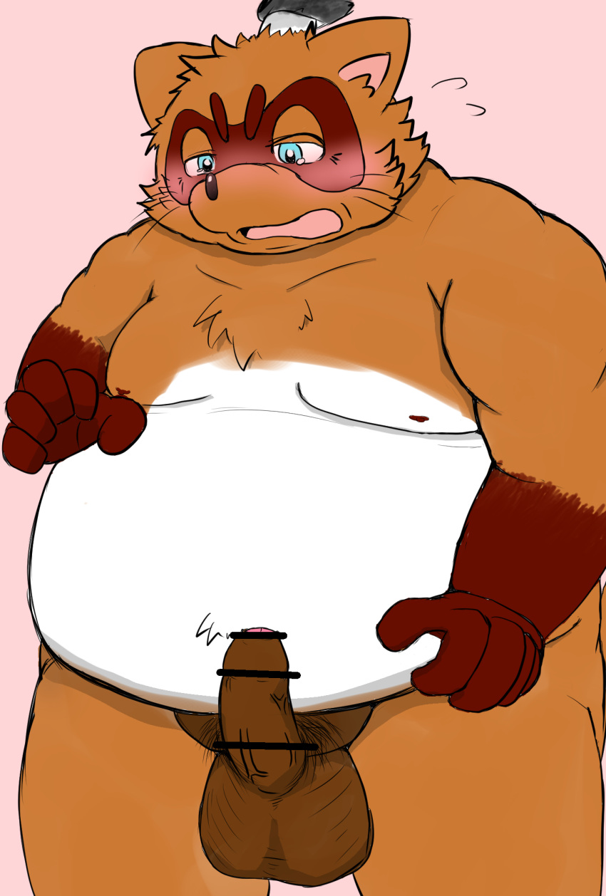 2017 anthro balls belly big_balls blue_eyes blush brown_body brown_fur canid canine erection fur genitals hi_res humanoid_genitalia humanoid_hands humanoid_penis kemono male male_only mametanu_tanuki mammal moobs nipples overweight overweight_male penis pink_background raccoon_dog sengoku_puzzle shadow_ieyasu simple_background solo tanuki video_games white_body white_fur