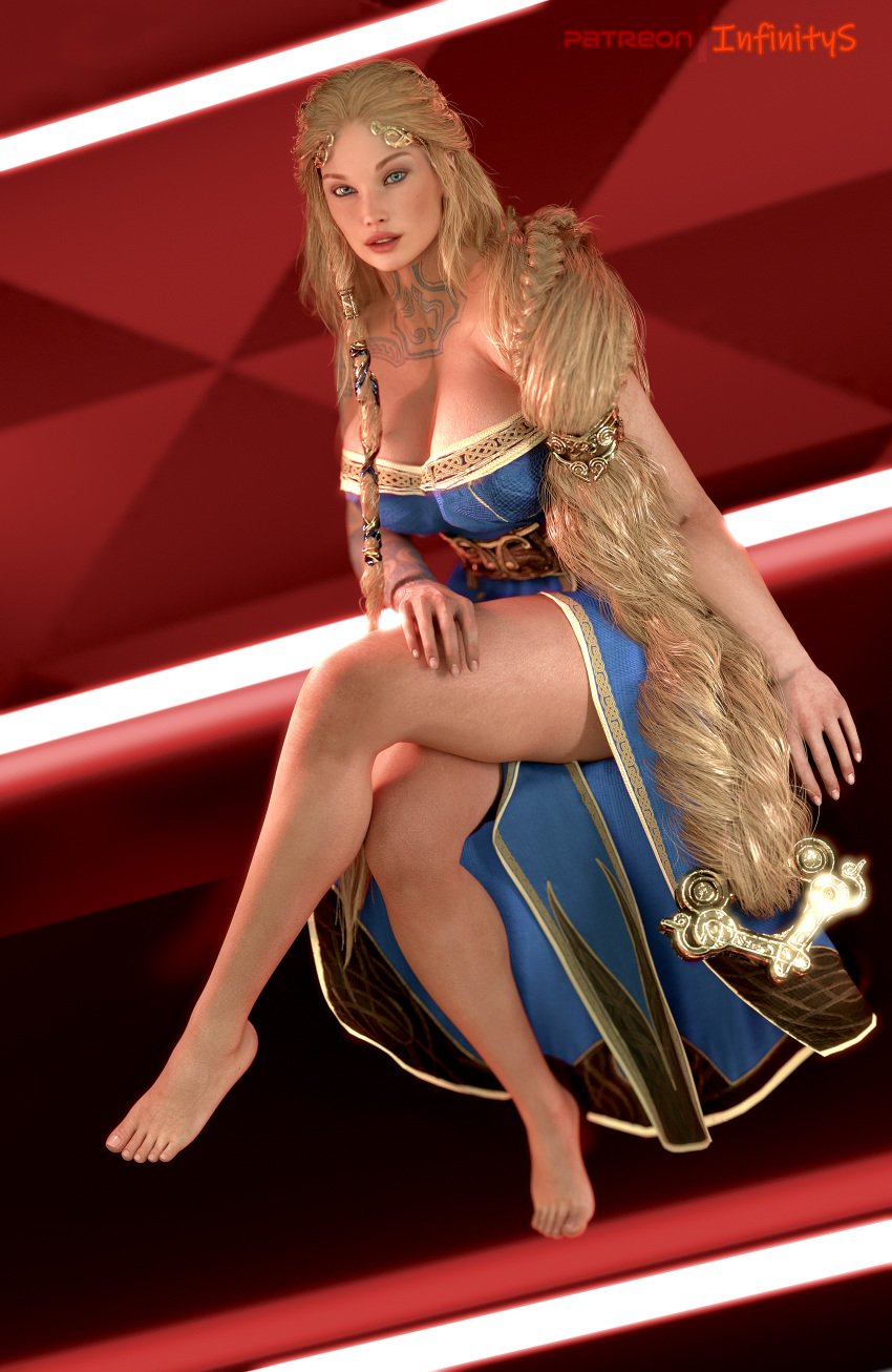 1girls 3d aesir_(norse_mythology) big_breasts blonde_hair blue_eyes braided_hair breasts clothed clothed_female crossed_legs feet female female_focus female_only foot_fetish front_view god_of_war god_of_war_ragnarok goddess hourglass_figure indoors infinitys long_hair looking_at_viewer milf mother mythology navel norse_mythology patreon_username pink_nails pink_toenails pinup realistic sif_(god_of_war) sitting solo solo_female sony_interactive_entertainment tattoo tattooed_arm tattoos thick_thighs thighs