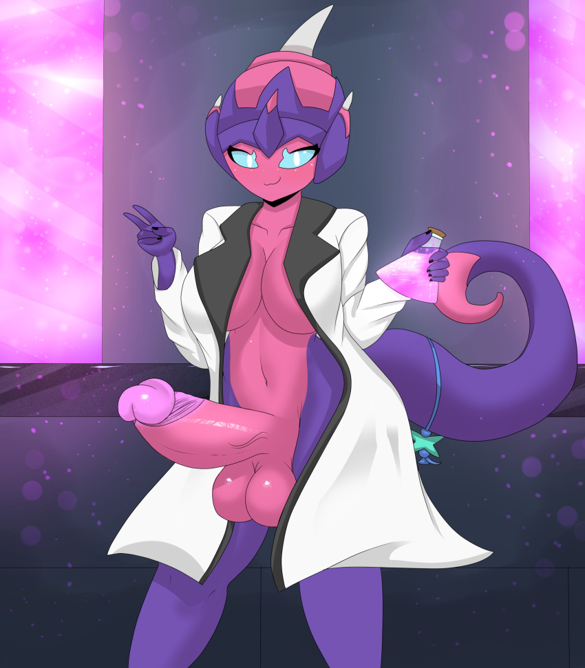 1futa absurd_res alien anthro anthrofied berry_(purplebird) big_penis blush breasts clothing coat dickgirl eye_contact futa_only futanari gesture half-closed_eyes hi_res humanoid humanoid_genitalia humanoid_penis intersex lab_coat looking_at_viewer mistpirit navel nintendo original_character penis poipole pokémon_(species) pokemon pokemon_usm solo tail testicles thick_thighs thigh_gap topwear v video_games wide_hips