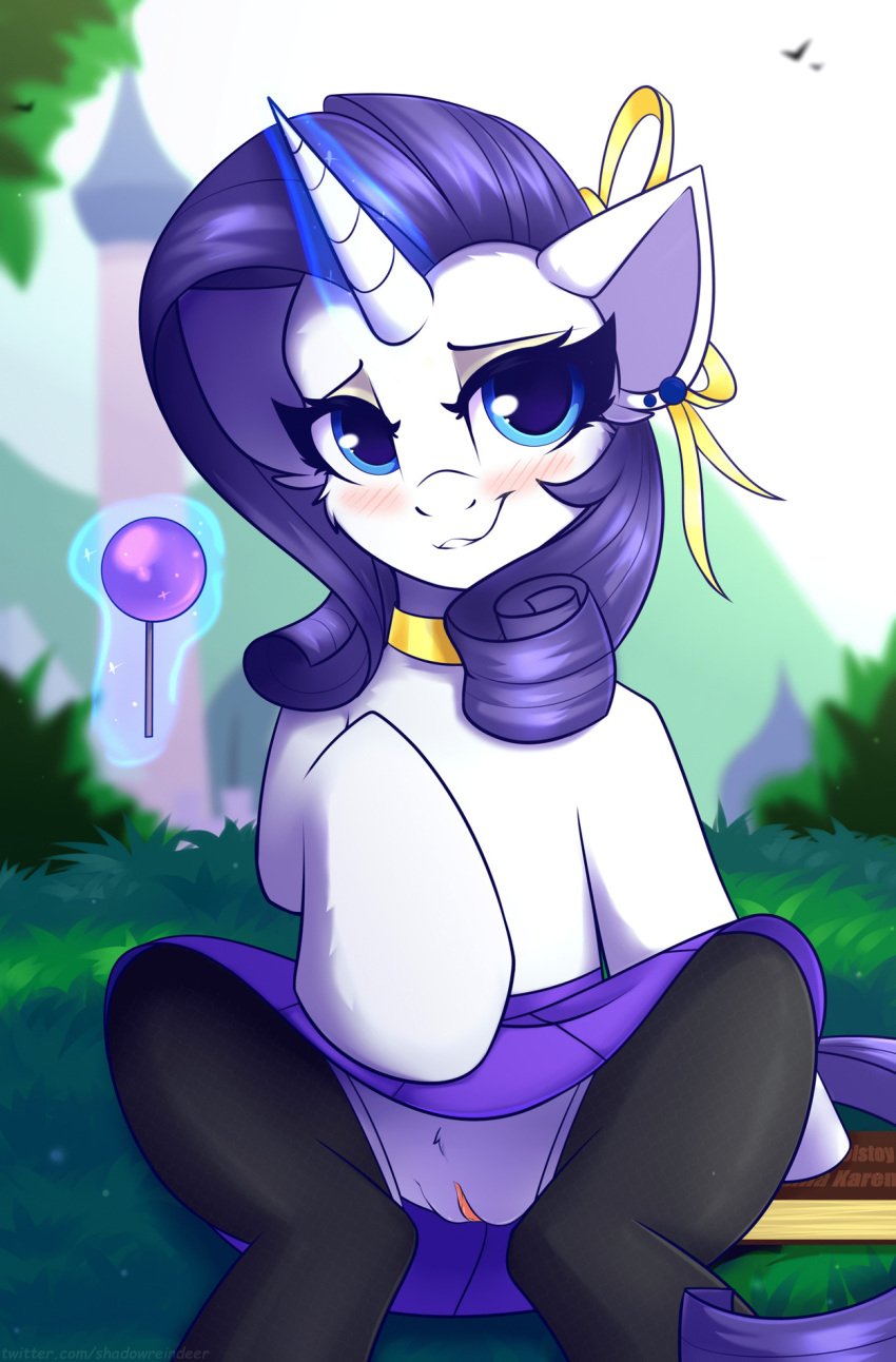 2020 book clothing digital_media_(artwork) english_text equid feral friendship_is_magic furry genitals hi_res horn lollipop looking_at_viewer mammal my_little_pony outside pussy rarity_(mlp) shadowreindeer skirt smile solo text unicorn