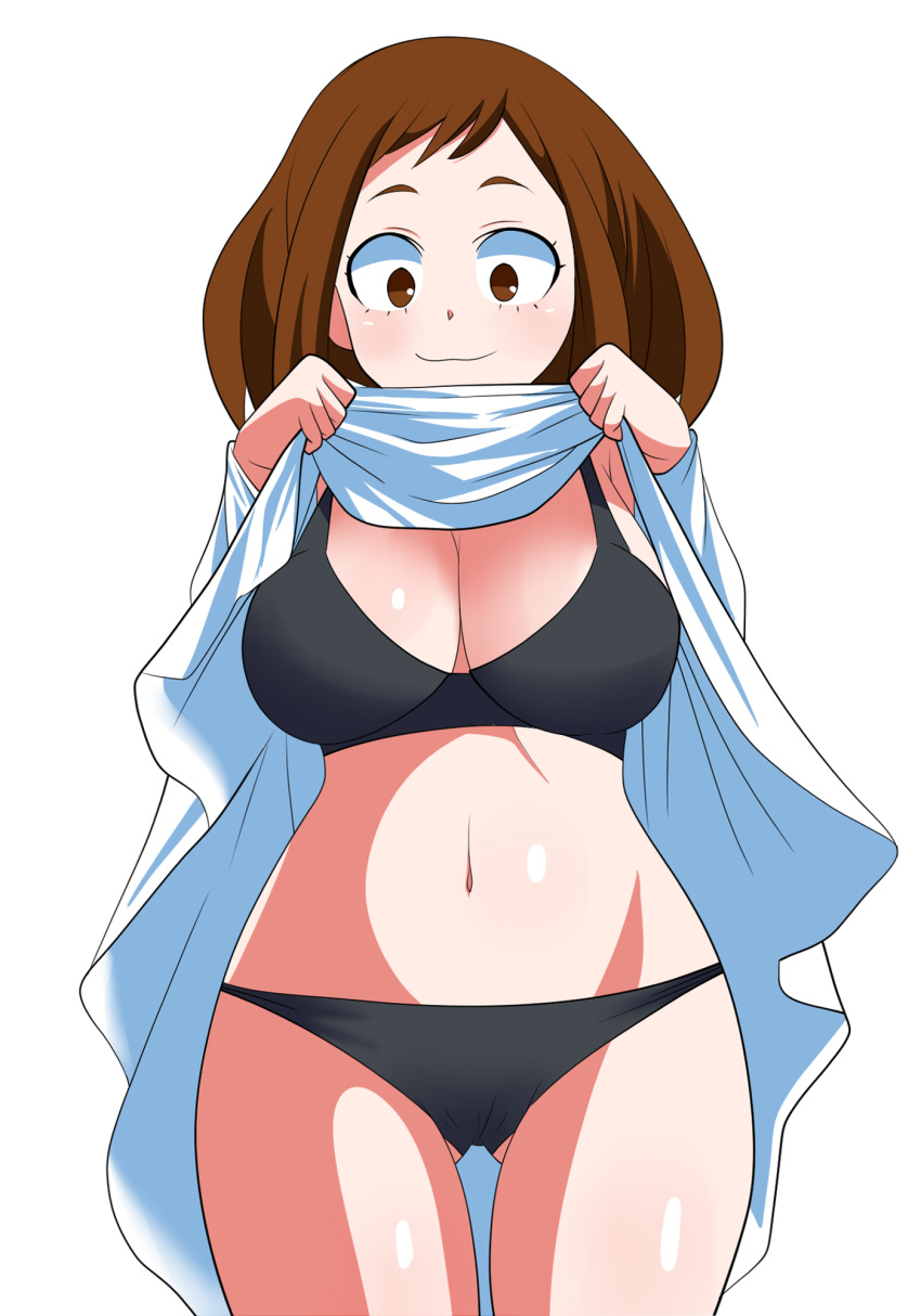 big_breasts bra brown_eyes brown_hair chelsea_cola female female_only my_hero_academia ochako_uraraka panties short_hair solo solo_female solo_focus