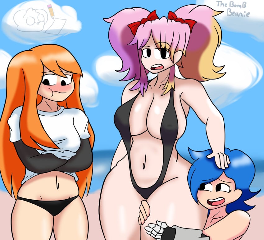 3girls blue_hair blush cute embarrassed female female_only human_meggy long_hair looking_away meggy_spletzer orange_hair saiko_bichitaru_(smg4) sling_bikini sling_swimsuit slingshot_swimsuit smg4 tagme tari_(smg4) thebombbeanie