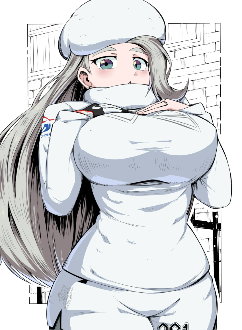 1girls 2019 alternate_breast_size blue_eyes blush breast_suppress breasts clothed clothing cowboy_shot earrings eye_contact female female_only fully_clothed gloves gym_leader half-closed_eyes hand_on_chest hat highres huge_breasts human human_only jewelry long_hair long_sleeves looking_at_viewer melony_(pokemon) milf nintendo open_mouth pokemon pokemon_ss ring shorts silver_hair single_glove solo suzusiigasuki thick_thighs thighs turtleneck wedding_ring white_background white_headwear wide_hips