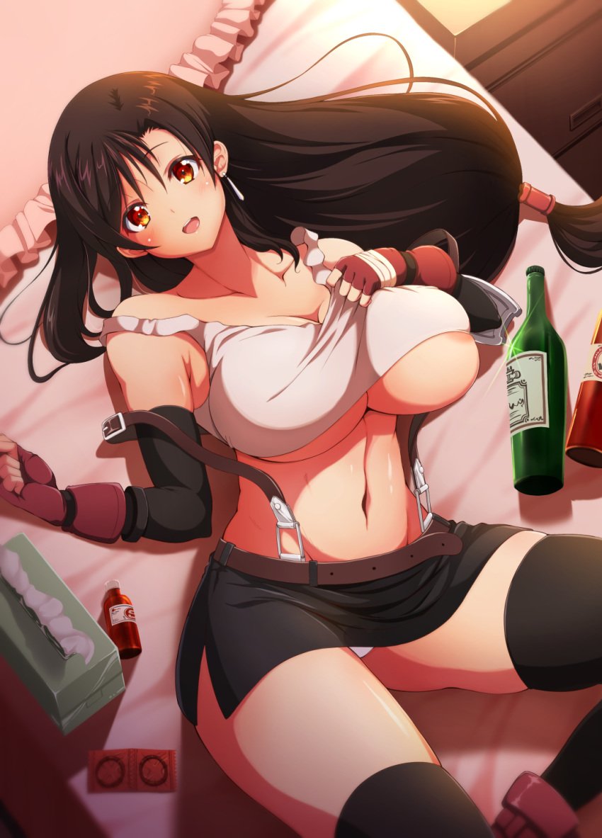 1girls alcohol arched_back areola_slip bad_id bad_twitter_id bed_sheet belt black_skirt blush breasts clothes_lift collarbone commentary_request condom condom_wrapper covered_nipples detached_sleeves earrings female final_fantasy final_fantasy_vii final_fantasy_vii_remake fingerless_gloves from_above gloves highres huge_breasts inactive_account jewelry kojirou! large_areolae lens_flare long_hair looking_at_viewer low_ponytail lying midriff navel off_shoulder on_back open_mouth pillow red_eyes red_gloves shiny_skin shirt_lift sidelocks skindentation skirt solo stomach suspender_skirt suspenders swept_bangs tank_top thighhighs thighs tifa_lockhart tissue_box