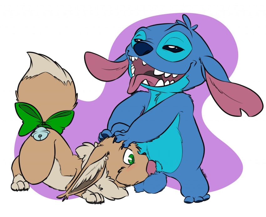 1boy 2020 alien alternate_color ambiguous_gender anthro anthrofied ass bell blue_body blue_claws blue_fur blue_nose bow brown_body brown_fur brunn-bear canine claws crossover disney eevee experiment_(lilo_and_stitch) feral fur furry green_eyes inner_ear_fluff interspecies lilo_and_stitch male mammal multicolored_body multicolored_fur nintendo no_sclera original_character penis pokémon_(species) pokemon pokemon_rgby ribbons sharp_teeth signature stitch tail_bow tail_ribbon teeth testicles tongue tongue_out tuft video_games