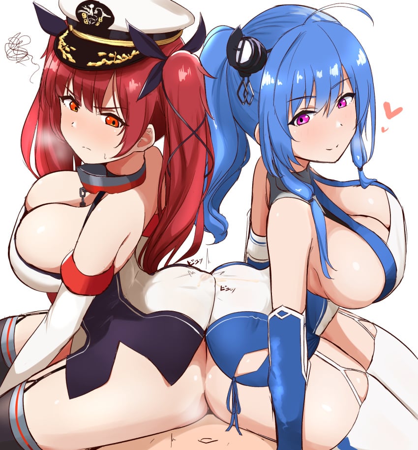 1boy 2girls ahoge ass ass-to-ass azur_lane bangs bare_shoulders black_legwear black_ribbon blue_hair blush breasts buttjob cleavage closed_mouth cum donutman double_buttjob dress elbow_gloves eyebrows_visible_through_hair ffm_threesome garter_straps gloves group_sex hair_between_eyes hair_ribbon hat highres honolulu_(azur_lane) large_breasts light-skinned_female light-skinned_male light_skin long_hair multiple_girls purple_eyes red_eyes red_hair ribbon sideboob sidelocks smile st._louis_(azur_lane) straight thighhighs threesome twintails very_long_hair white_gloves white_legwear