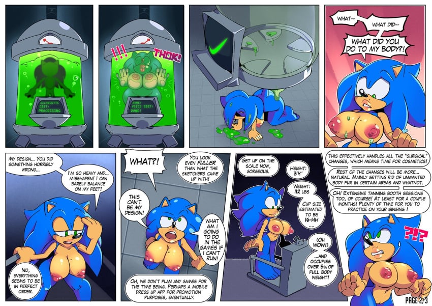 anthro areolae big_breasts breast_growth breasts crossgender dialogue english_text female female_penetrated gender_transformation hi_res laboratory lips male missphase mtf_transformation nipples nude pussy rule_63 solo sonic_(series) sonic_the_hedgehog sonic_the_hedgehog_(series) sonique_the_hedgehog speech_bubble text thick_lips transformation