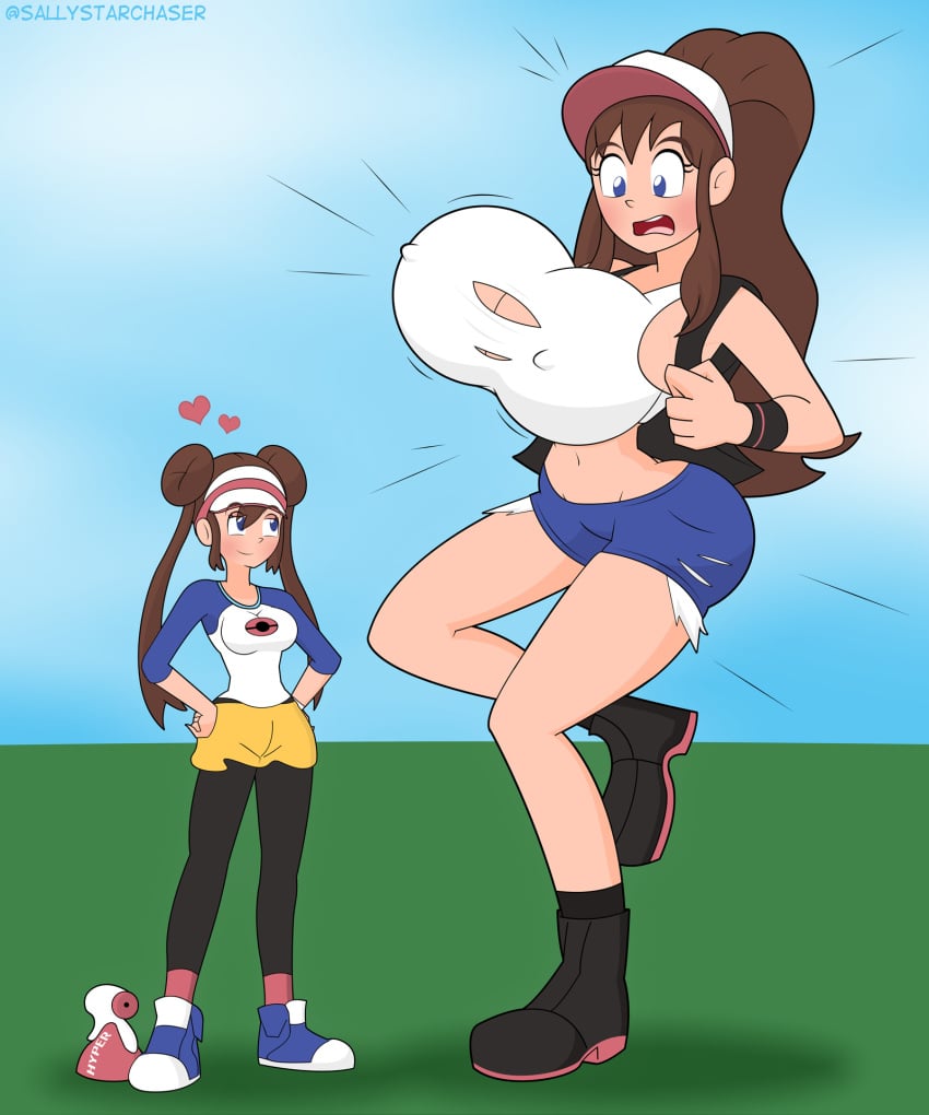 2020 2020s 2girls aged_up baseball_cap bedroom_eyes big_ass big_breasts black_boots black_tights blue_eyes blue_jumper blue_shoes blue_shorts blush boots breast_expansion breast_growth breasts brown_hair bursting_breasts butt_expansion cap clenched_hand clothed clouds commission day denim_shorts expansion floating_heart giantess grass growing growth heart hearts hilda_(pokemon) huge_ass huge_breasts human jean_shorts jumper larger_female lidded_eyes moderate_tomboys nintendo on_grass pokemon pokemon_bw pokemon_bw2 ponytail potion ripped_clothing ripping_clothing rosa_(pokemon) sally_starchaser shocked shoes shorts size_difference sky smaller_female tank_top text thick_thighs thigh_gap tights tomboys torn_tank_top watermark white_tank_top wide_hips wristband