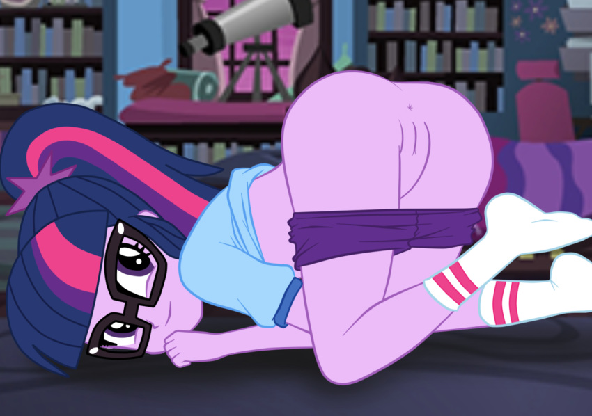 1girls accurate_art_style ass ass_up equestria_girls female female_only friendship_is_magic glasses hasbro legend_of_everfree looking_at_viewer looking_back looking_back_at_viewer my_little_pony philelmago ponytail purple_skin pussy sci-twi socks