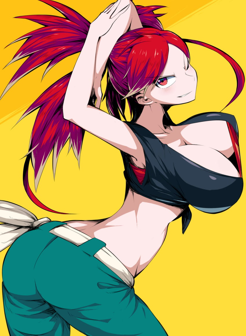 1girls 2020 alternate_breast_size arched_back armpits arms_above_head arms_up ass back breasts cleavage collarbone crop_top female female_only flannery_(pokemon) flannery_(pokemon_oras) gym_leader highres human human_only large_breasts looking_at_viewer midriff nintendo one_eye_closed pants pokemon pokemon_oras pokemon_rse pose red_eyes red_hair simple_background sleeveless smile suzusiigasuki thick_thighs thigh_gap thighs tied_hair tied_shirt twintails wide_hips yellow_background