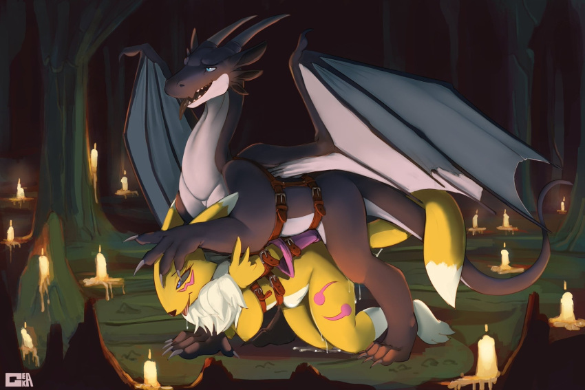 anthro belly_riding bodily_fluids bound breasts candlelight cum digimon digimon_(species) dragon duo female feral gela-g-i-s-gela genital_fluids hi_res leashed_to_genitals male messy paws renamon stomach_bulge straight tavix wings