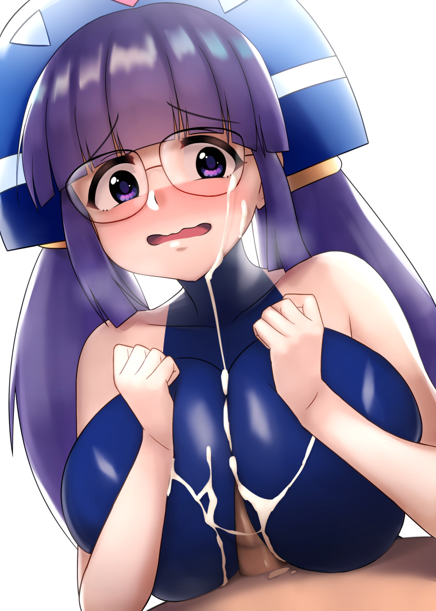 big_breasts blue_eyes cum cum_on_breasts cum_on_face cum_on_glasses female glasses gluko gupunetsu long_hair male mon_colle_knights nipples paizuri paizuri_on_lap paizuri_over_clothes penis purple_eyes purple_hair straight