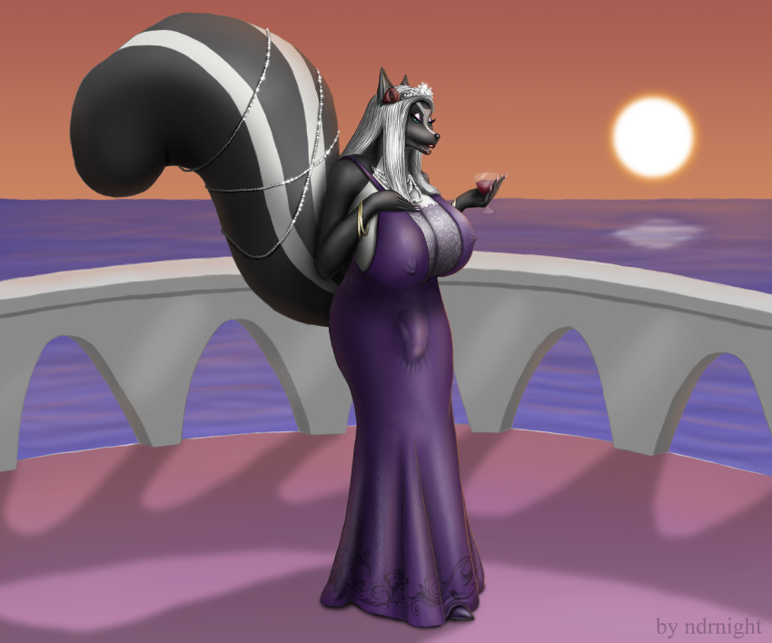 absurd_res alcohol anthro beverage big_breasts breasts bulge cocktail crown dominatrix dress evening_dress flower gynomorph hi_res huge_breasts hyper intersex jewelry mammal mephitid ndrnight necklace plant rose_(flower) skunk solo sunset the_promenade tiara twillight