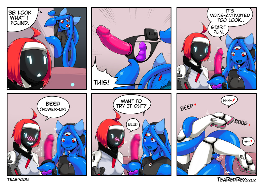 absurd_res big_breasts blue_body blush breasts comic dialogue dildo duo english_text female female/female hair hi_res machine monster psyk323 red_eyes red_hair robot sex_toy strapon tearedrex teaspoon tentacle text vibrator yuri