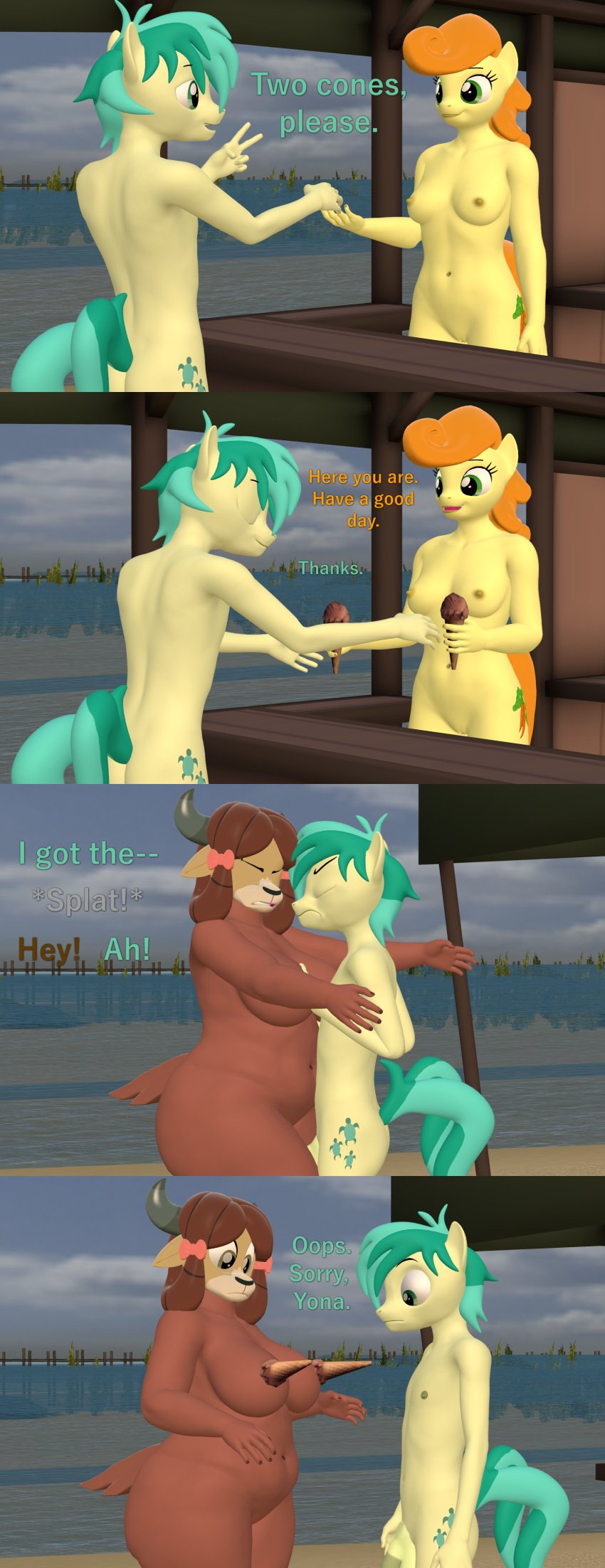 3d absurd_res anthro beach big_breasts bovid bovine breasts carrot_top_(mlp) casual casual_nudity comic dessert dialogue equid equine female flaccid food friendship_is_magic furry genitals hi_res horse ice_cream male mammal my_little_pony nude papadragon69 penis pony public pussy sandbar_(mlp) seaside slightly_chubby thick_thighs yak yona_yak_(mlp)