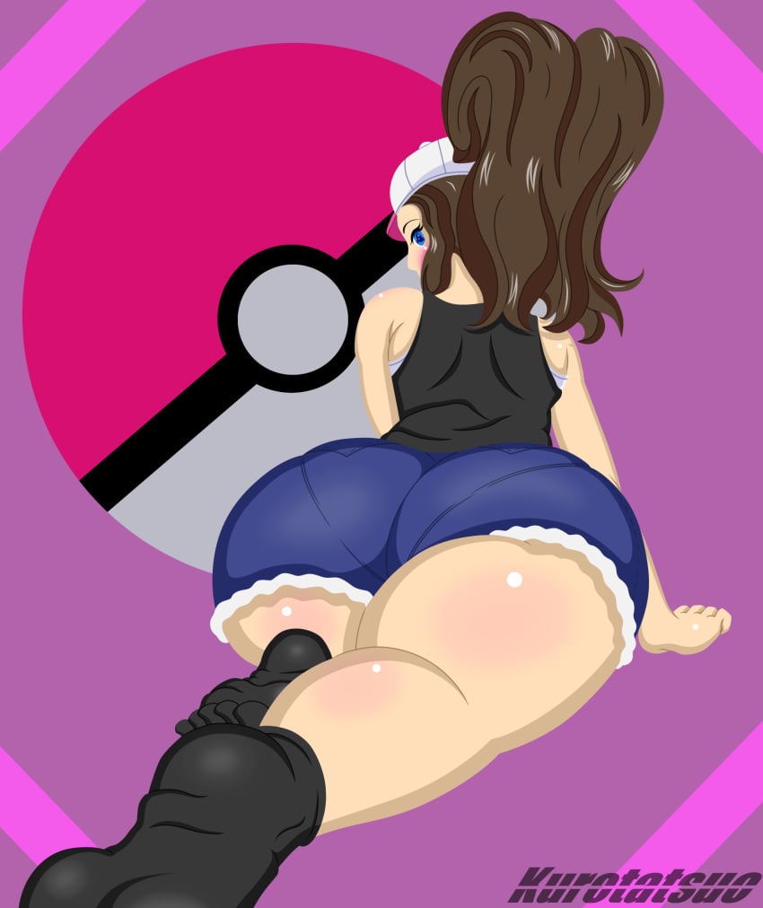 1girls aged_up ass big_ass brown_hair clothed denim_shorts eye_contact female female_only hilda_(pokemon) huge_ass kurotatsuo looking_at_viewer nintendo pokemon pokemon_bw socks solo text thick_thighs watermark wide_hips