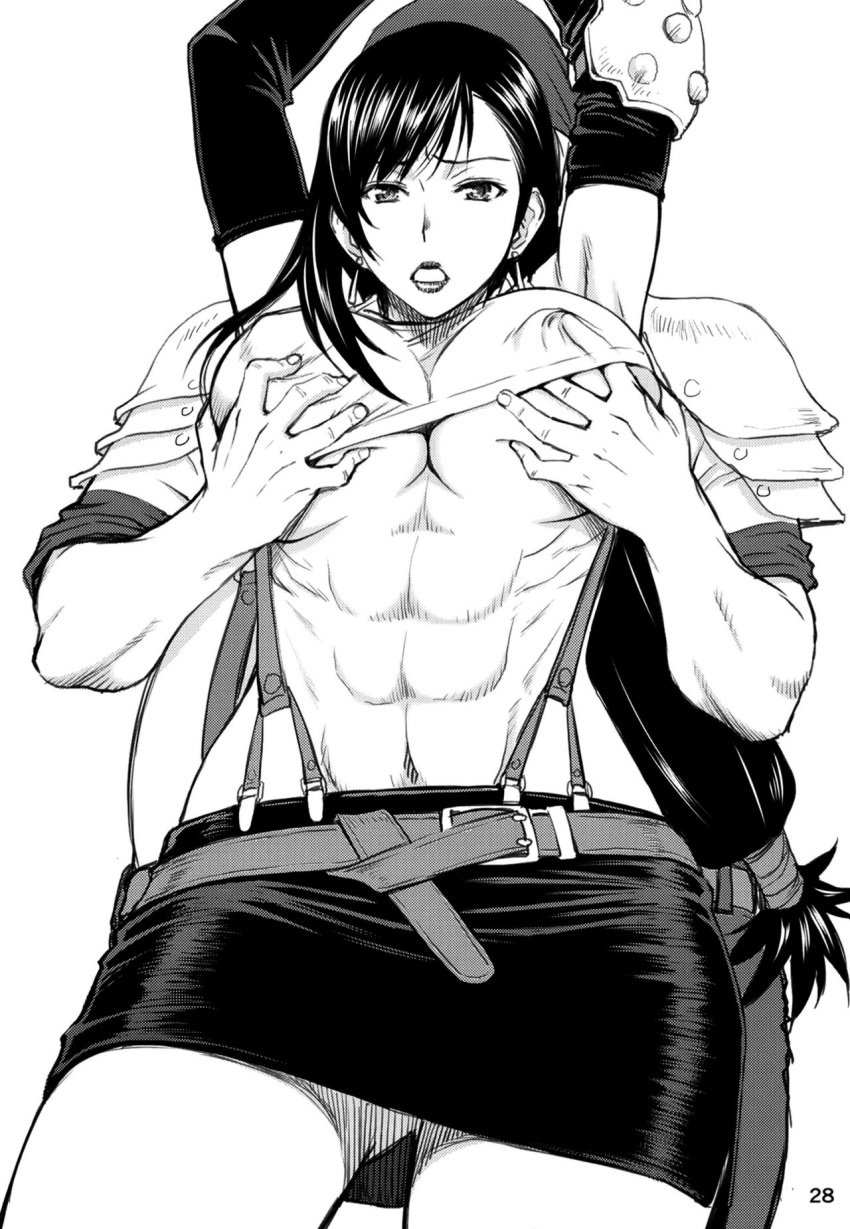 abs armor arms_up belt black_and_white black_hair breast_grab breast_grope breast_hold breast_squeeze breast_squish chubby chubby_male clothed color_request earrings erect_nipples final_fantasy final_fantasy_vii final_fantasy_vii_remake fingering fingers fit_female from_behind from_below furrowed_eyebrows gloves grabbing grabbing_from_behind groping groping_breasts inomaru lipstick long_hair looking_down low_pov midriff molestation nipple_play nipples open_mouth reluctant short_skirt skirt stomach straight_hair suspenders tank_top thick_thighs tifa_lockhart tight_clothing uncolored underboob upskirt wedge_(ff7)