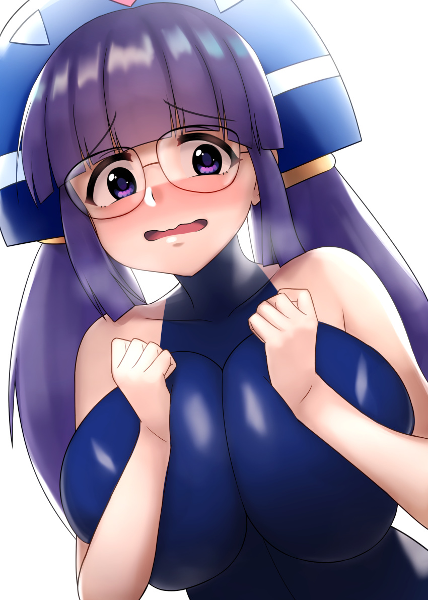 big_breasts blue_eyes female female_only glasses gluko gupunetsu long_hair mon_colle_knights nipples purple_hair solo solo_female solo_focus