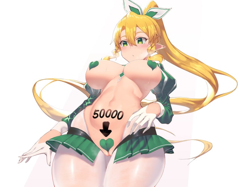 1girls belly big_breasts blonde_hair blush body_writing bodypaint curvy elf elf_ears fairy female female_focus female_only from_below gloves green_eyes green_heart_pasties green_pasties hair_between_eyes hand_on_hip heart_pasties large_breasts leafa light_blush long_ears long_hair looking_down miniskirt navel partially_clothed plump pointy_ears ponytail reverse_bunnysuit simple_background skirt solo solo_female solo_focus stockings sword_art_online sylph tattoo thick_thighs tied_hair tigersaber tights very_long_hair white_background wide_hips