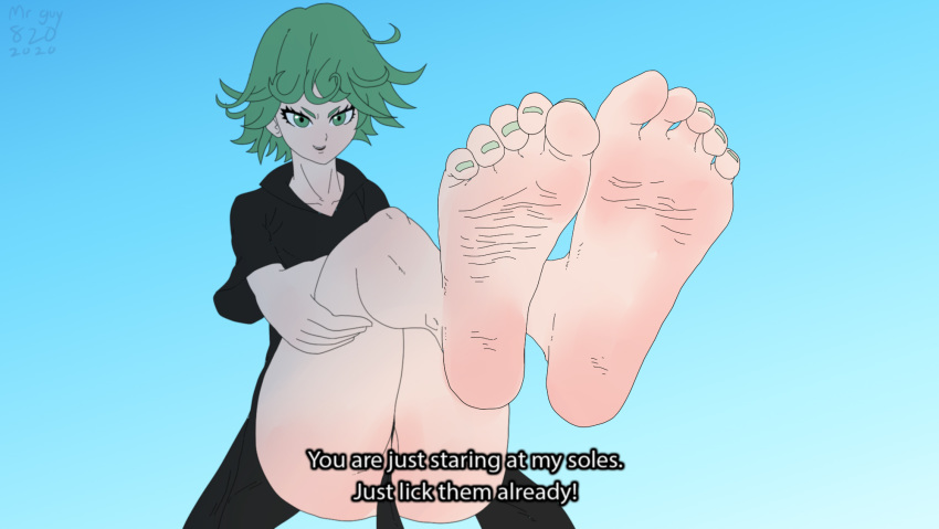 1girls english_text feet feet_up female female_only foot_fetish foot_focus green_hair mrguy820 one-punch_man soles solo tatsumaki text toes