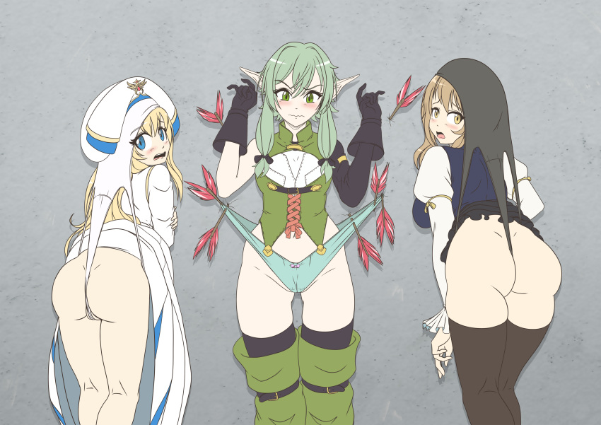 3girls arrow ass atomic_wedgie black_panties blonde_hair blue_eyes blush brown_eyes brown_hair cameltoe elf embarrassed female female_only femsub gloves goblin_slayer green_eyes green_hair green_panties guild_girl_(goblin_slayer) hat high_elf_archer_(goblin_slayer) humiliation no_pants no_skirt panties pointy_ears priestess_(goblin_slayer) thighhighs underwear wedgie white_panties