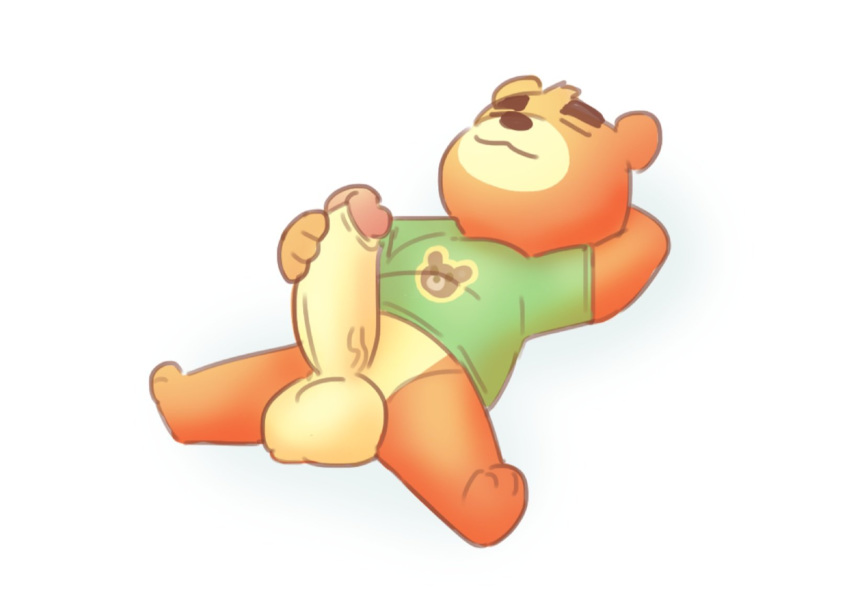 2020 animal_crossing anthro balls brown_body brown_fur chibi closed_eyes clothing erection fur genitals hi_res humanoid_genitalia humanoid_hands humanoid_penis lying male male_masturbation male_only mammal marcelstays nintendo penis shirt simple_background solo solo_male teddy_(animal_crossing) topwear ursid video_games white_background