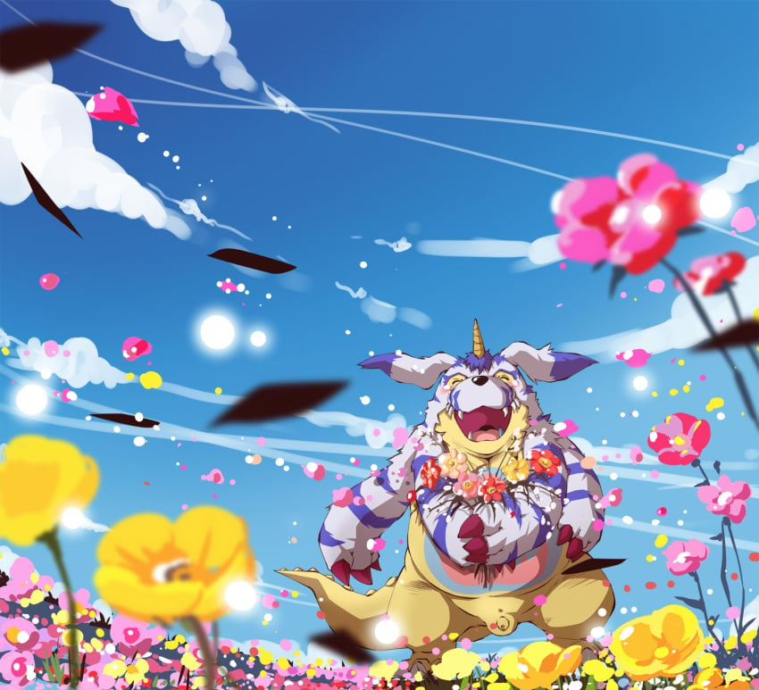 2020 anthro balls belly chibineco closed_eyes detailed_background digimon digimon_(species) flower gabumon genitals hi_res kemono male male_only outside overweight overweight_male penis plant small_penis solo