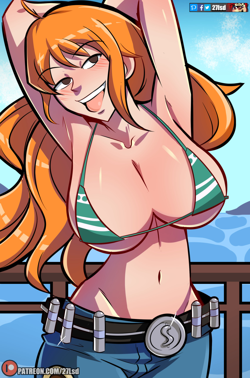 27lsd big_breasts bikini breasts female female_only jeans large_breasts long_hair nami_(one_piece) one_piece orange_hair shounen_jump striped_bikini