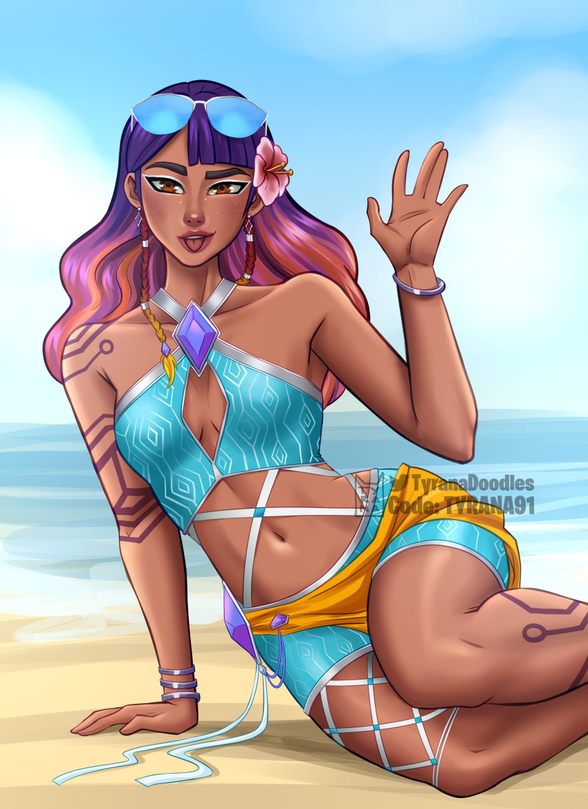 beach belly bikini breezabelle_(fortnite) cleavage curvy dark-skinned_female fortnite leaning_back legs_crossed multicolored_hair partially_clothed small_breasts sunglasses sunglasses_on_head tagme tattoo tyrana waving_at_viewer