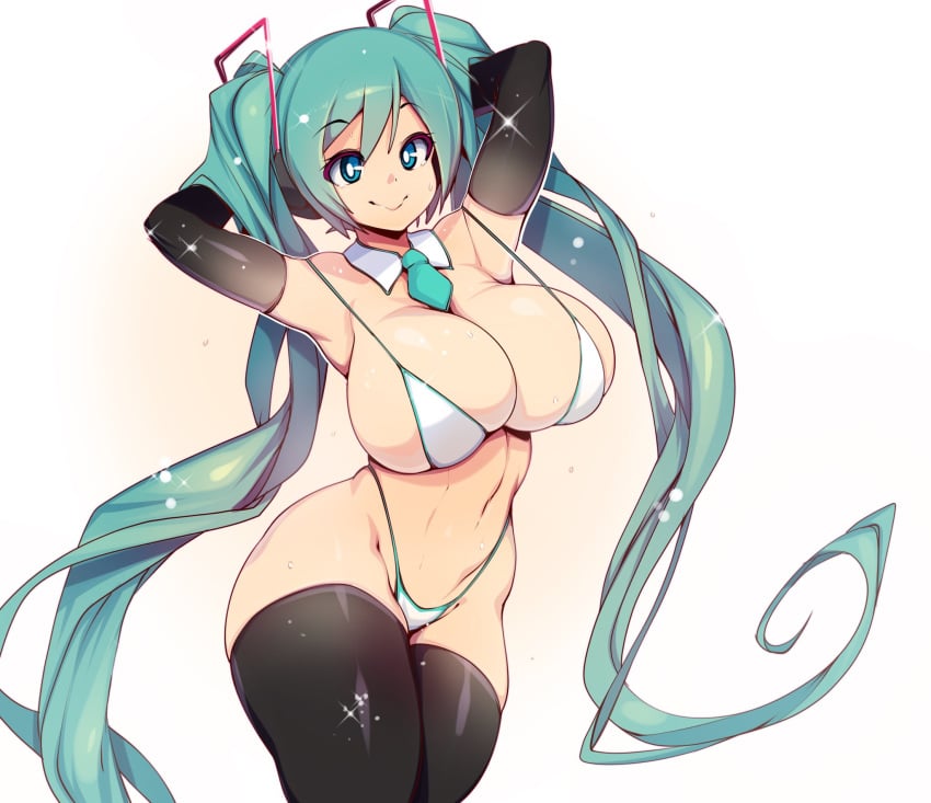 alternate_breast_size big_breasts bikini blue_eyes blue_hair breasts breasts_bigger_than_head female_only hands_behind_head hatsune_miku hatsune_miku_(collared_bikini) huge_breasts large_breasts long_gloves slugbox smile string_bikini thighhighs twintails very_long_hair vocaloid