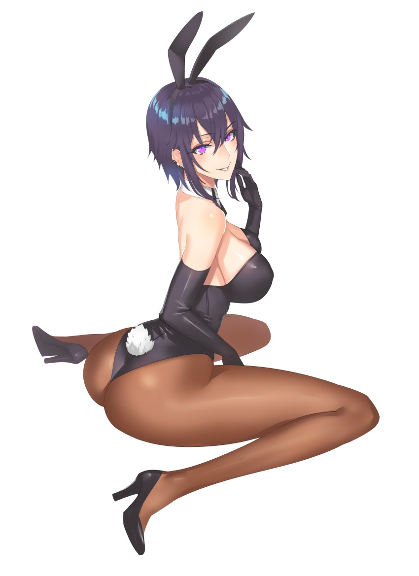 alessandra_(damegane) animal_ears ass black_gloves breasts brown_legwear bunny_ears bunny_girl bunny_tail bunnysuit cleavage damegane detached_collar earrings elbow_gloves fake_animal_ears female from_behind full_body gloves hair_between_eyes hairband hand_to_own_mouth high_heels high_resolution jewelry kneeling large_breasts leotard looking_back original pantyhose pink_eyes purple_hair shoes short_hair sideboob sitting smile solo tail wariza