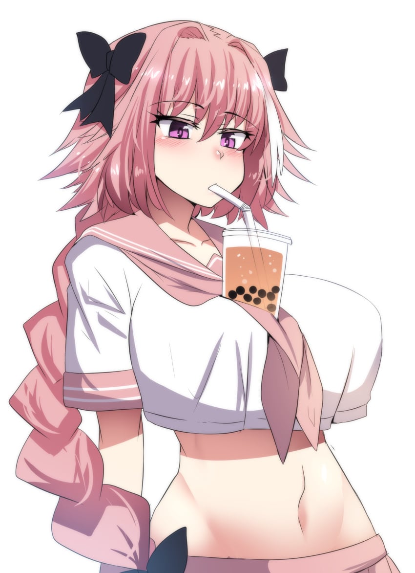 1girls 2019 absurd_res astolfo_(fate) bangs black_bow blush bow braid breasts bubble_tea bubble_tea_challenge crop_top crop_top_overhang drinking drinking_straw english_commentary eyebrows_visible_through_hair fate/grand_order fate_(series) female female_only genderswap_(mtf) hair_intakes hair_ribbon hairbow highres hinghoi large_breasts long_hair midriff multicolored_hair navel object_on_breast pink_hair purple_eyes ribbon rule_63 school_uniform serafuku shirt short_sleeves simple_background single_braid solo standing streaked_hair upper_body very_long_hair white_background white_shirt