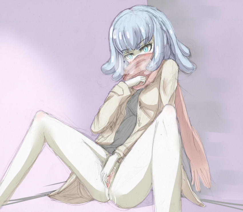 1girls ass blue_eyes blue_hair danganronpa danganronpa_3 female_masturbation fingering half-dressed heavy_blush heavy_breathing masturbation miaya_gekkogahara pussy pussy_juice scarf sitting solo_female spread_legs spread_pussy straight_hair