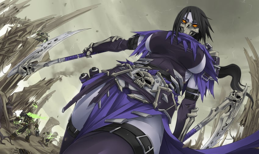 1girls 2020 akali armor armored_gloves black_hair bones breasts covered_face covered_mouth darksiders death_(darksiders) detailed_background exaxuxer female female_focus female_only female_version from_below fusion garters glowing_eyes half_mask highres kuma-x kuma_x large_breasts league_of_legends mask only_female orange_eyes pale-skinned_female pale_skin pelvic_curtain purple_bottomwear purple_skin purple_topwear scythe short_hair shoulder_armor skull skull_belt skull_mask solo solo_focus thighhighs viewed_from_below