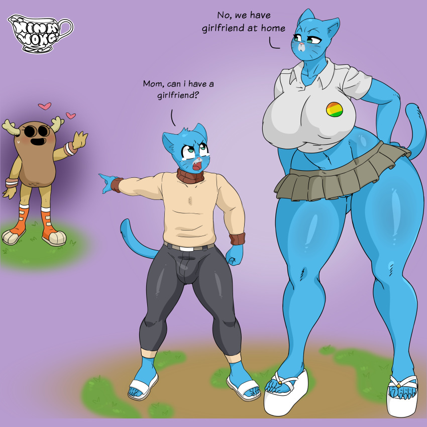 1boy 2girls anthro antlers bulge bulging_breasts canon_couple cartoon_network creamygravy cub dialogue feline gumball_watterson heart heels_fetish high_heels meme miniskirt mother_and_son nicole_watterson no_panties pants penny_fitzgerald penny_fitzgerald_(peanut) platform_footwear platform_heels platform_sandals pointing sandal_fetish sandals shirt shoes skimpy sneakers son sweater the_amazing_world_of_gumball visible_pussy waving we_have_food_at_home_(meme) young