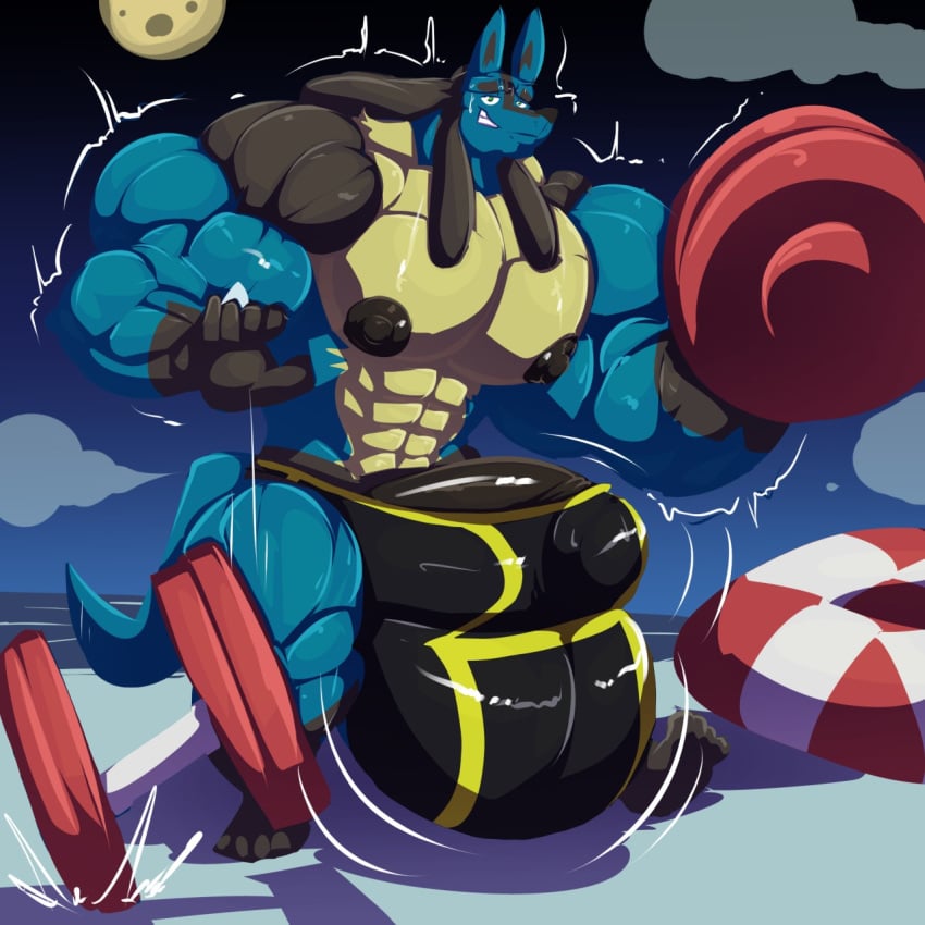 1:1 1boy 5_fingers abs anthro anthrofied bara beach big_bulge big_muscles big_penis big_testicles bobert bodily_fluids bulge clothing cloud clouds dumbbell erection fingers full_moon furry generation_4_pokemon grin hi_res holding_object huge_bulge huge_cock huge_muscles huge_testicles hyper hyper_bulge hyper_genitalia hyper_muscles hyper_penis hyper_testicles lifting looking_at_viewer lucario male moon muscular night nintendo nipples original_character penis pokemon pokemon_(species) pokemon_dppt seaside shrink shrinking_muscles sky smile solo sweat testicles thick_thighs trembling underwear video_games weights what yaoi