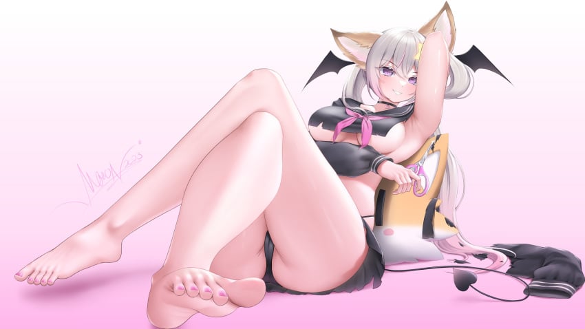 1girls annytf black_panties breasts clothed feet fox fox_ears indie_virtual_youtuber panties pink_toenails short_skirt skirt succubus underboob virtual_youtuber vtuber