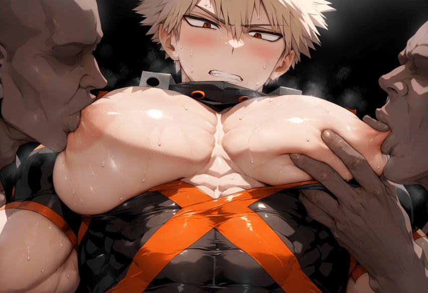 ai_generated aru_(pixiv1293902) blonde_hair blush captured_hero gay hero_outfit_(mha) katsuki_bakugou male male/male male_boobs male_focus male_only muscular muscular_male my_hero_academia nipple_play nipple_tweak nipples pecs pecs_grab pectorals red_eyes sucking_nipples superhero superhero_costume threesome tight_clothing touching_pecs ugly_bastard ugly_man yaoi