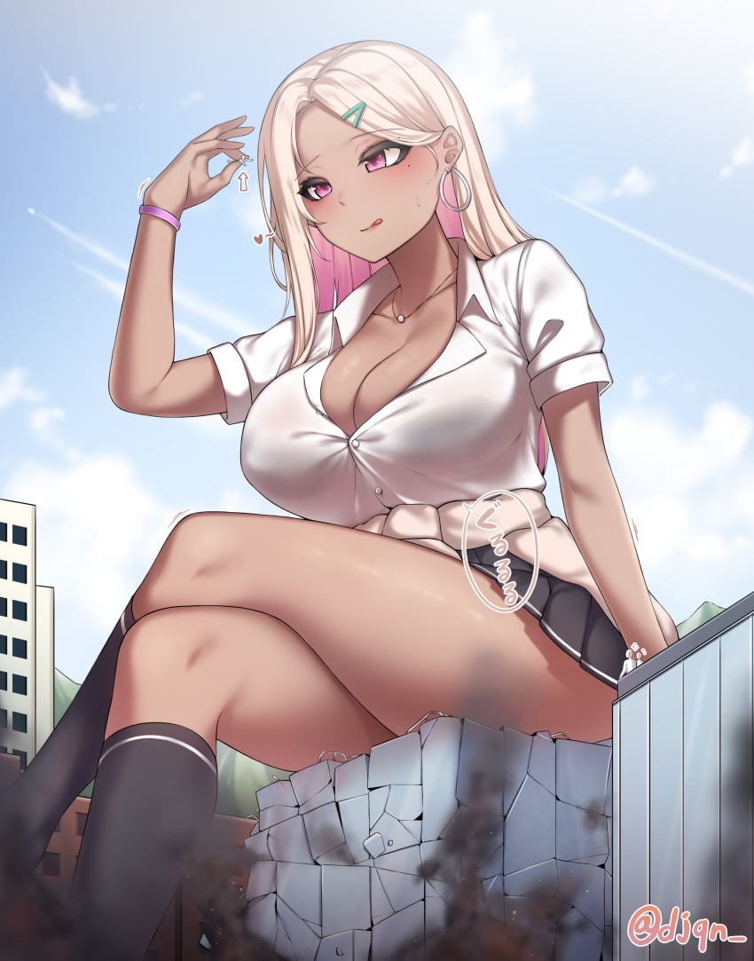 2d artist_signature blonde_hair bracelet city_destruction clothed_female color crossed_legs destruction djqn_ giantess gyaru hair_clip handheld japanese_text large_breasts macro original original_character outside pink_highlights short_skirt sitting sitting_on_building size_difference skirt socks tanned_skin thick_thighs uniform