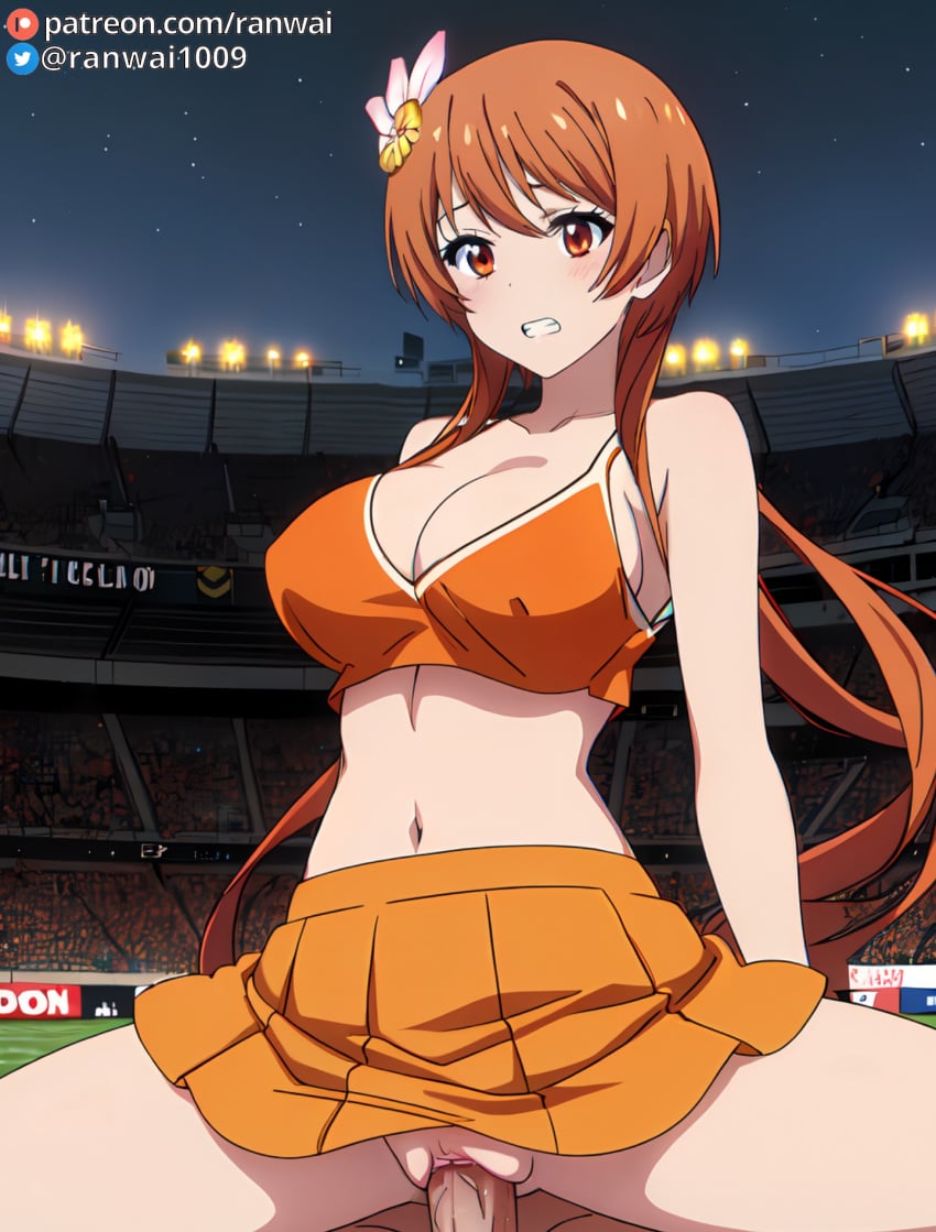 1boy 1girls ai_generated anime bondage cheerleader cheerleader_outfit cowgirl_position female human large_breasts male nisekoi orange_eyes orange_hair ranwai sex stable_diffusion tachibana_marika vaginal_penetration vaginal_sex