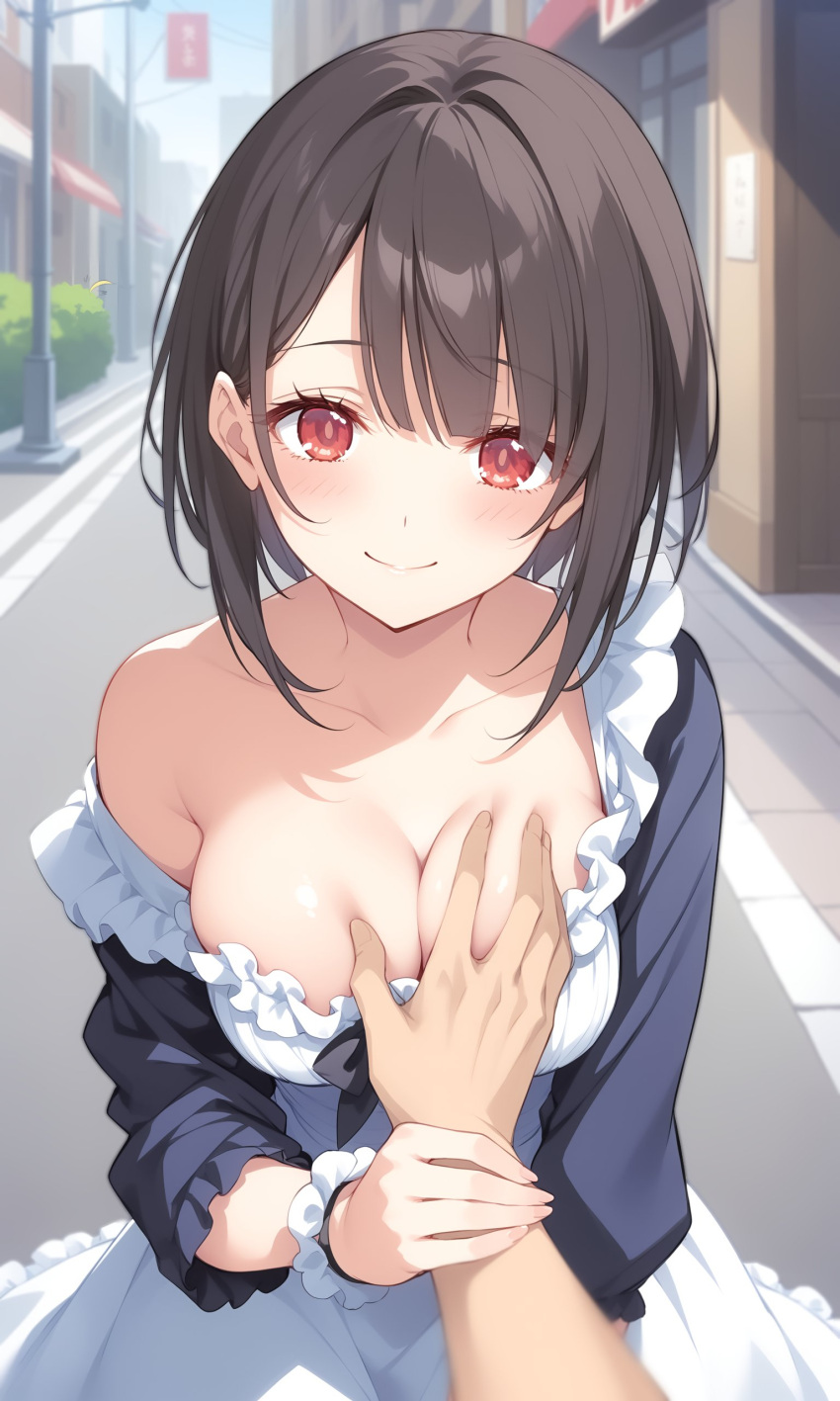 1boy 1girls ai_generated assertive assertive_female blush boyfriend-girlfriend breast_grab breasts brown_hair cleavage dating dress groping groping_breasts hand_on_another's_chest happy hi_res large_breasts looking_at_viewer nai_diffusion off_shoulder original original_character outdoors pov red_eyes stable_diffusion white_dress