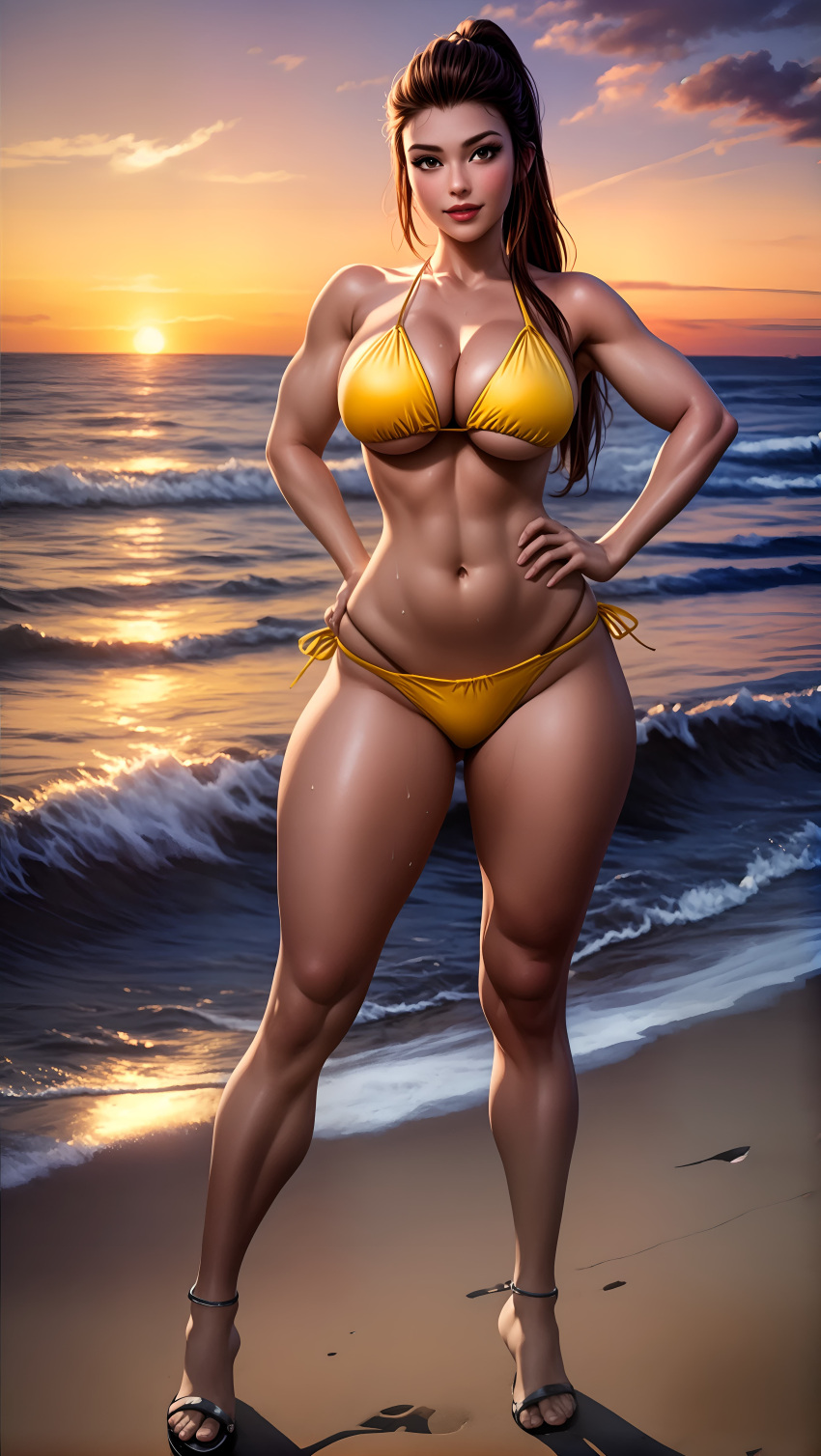 1girls abs ai_generated athletic_female beach big_breasts bikini blizzard_entertainment brigitte brigitte_lindholm brown_eyes brown_hair curvy_female female female_only hand_on_hip large_breasts light-skinned_female light_skin looking_at_viewer muscular_arms outside overwatch overwatch_2 ponytail sandals sunset swimsuit thick_thighs waifulickerr water wide_hips