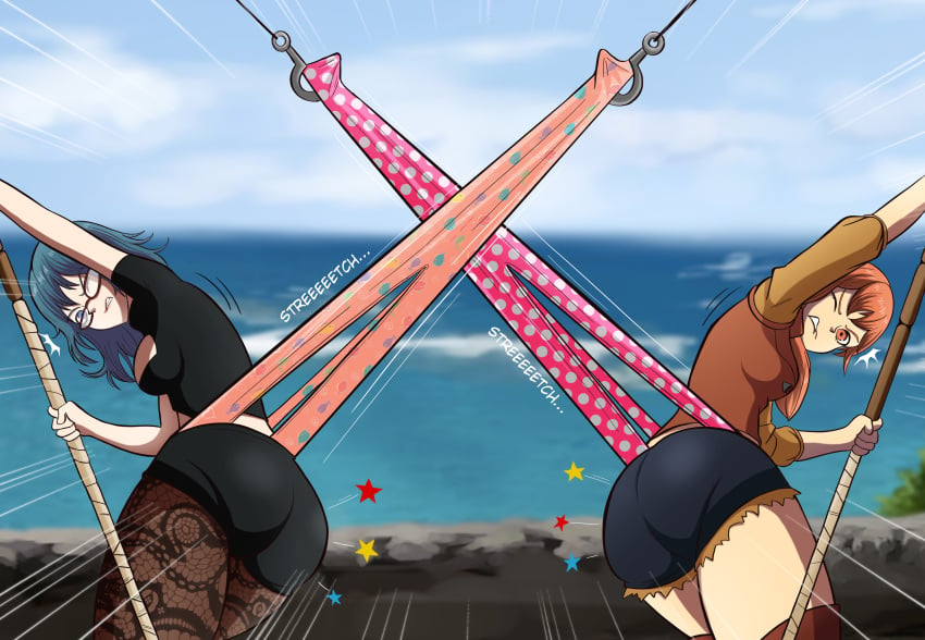 1girls ass big_ass biting_lip black_clothing blue_eyes blue_hair byleth_(fire_emblem) byleth_(fire_emblem)_(female) clenched_teeth female female_only fire_emblem fire_emblem:_three_houses fishing_rod glasses leggings leonie_pinelli long_hair nintendo orange_eyes orange_hair pain panties polka_dot polka_dot_panties shorts side_ponytail stockings thefetishism thighs wedgie