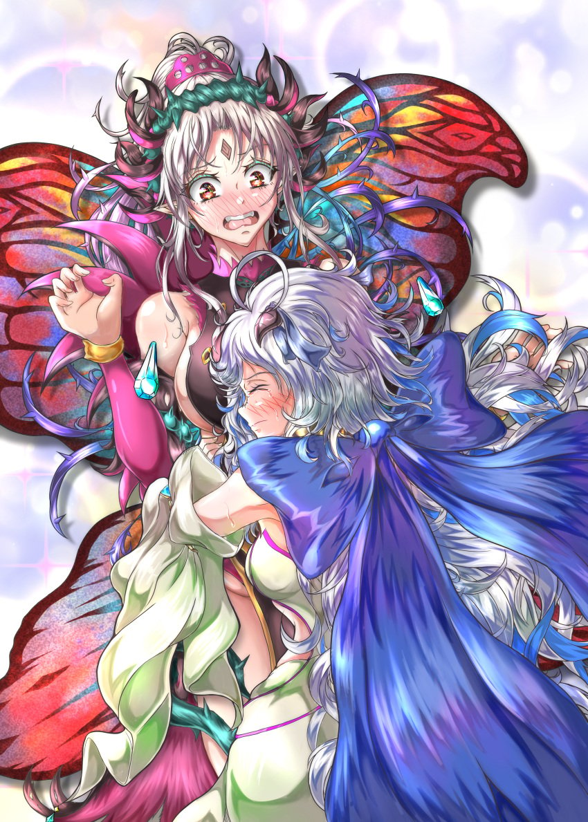 2girls ahoge bare_shoulders bare_thighs blue_hair blush bodystocking boots breast_smother breasts closed_eyes confusion cuddling eitr_(fire_emblem) embarrassed fairy fairy_wings female female_only fire_emblem fire_emblem_heroes grey_hair hug inner_thighs large_breasts long_hair looking_down multicolored_hair multiple_girls nintendo open_mouth pelvic_curtain plumeria_(fire_emblem) pointy_ears ponytail red_eyes shocked shoulders sideboob small_breasts thigh_boots thighs very_long_hair violet_migu18 white_background white_hair wings yuri