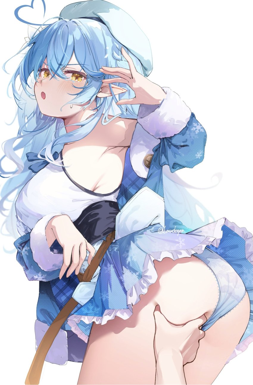 ass_focus blush edited embarrassed from_behind furrowed_brow groping_ass hand hololive hololive_gen_5 hololive_japan huge_ass huge_breasts looking_back male_hand panties unamused upskirt virtual_youtuber yukihana_lamy