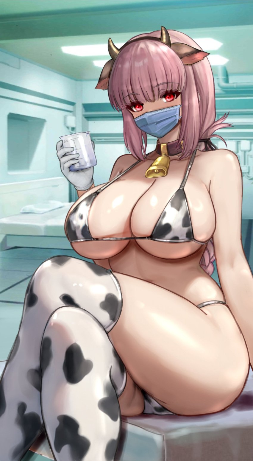 1girls bikini breasts cleavage cow_print cow_print_bikini fate/grand_order fate_(series) female florence_nightingale_(fate) hi_res huge_breasts light-skinned_female light_skin long_hair mask pink_hair raskasar red_eyes