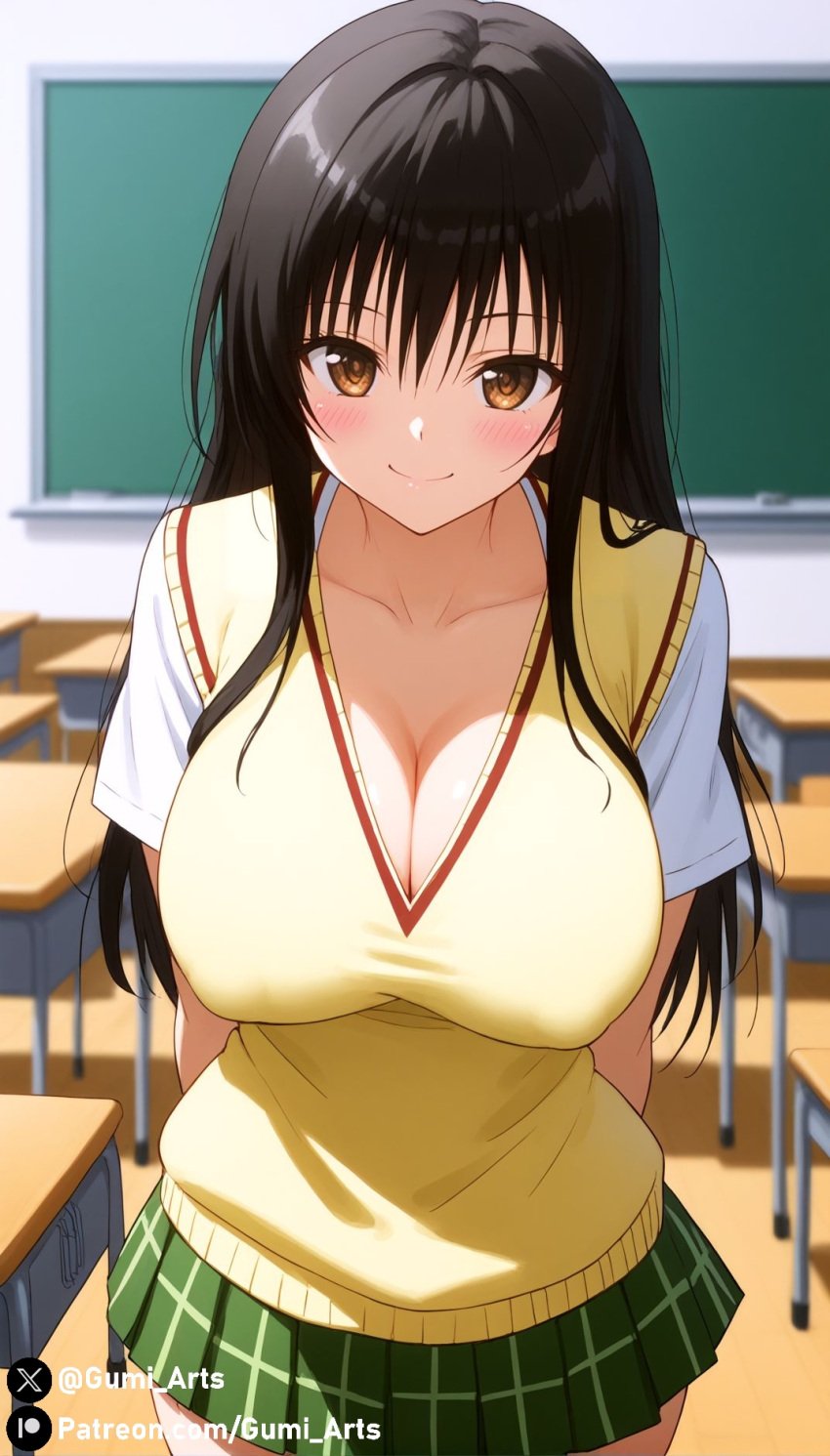 ai_generated black_hair blush brown_eyes classroom cleavage covered_nipples gumi_arts indoors kotegawa_yui large_breasts looking_at_viewer school_uniform shirt skirt smile stable_diffusion to_love-ru