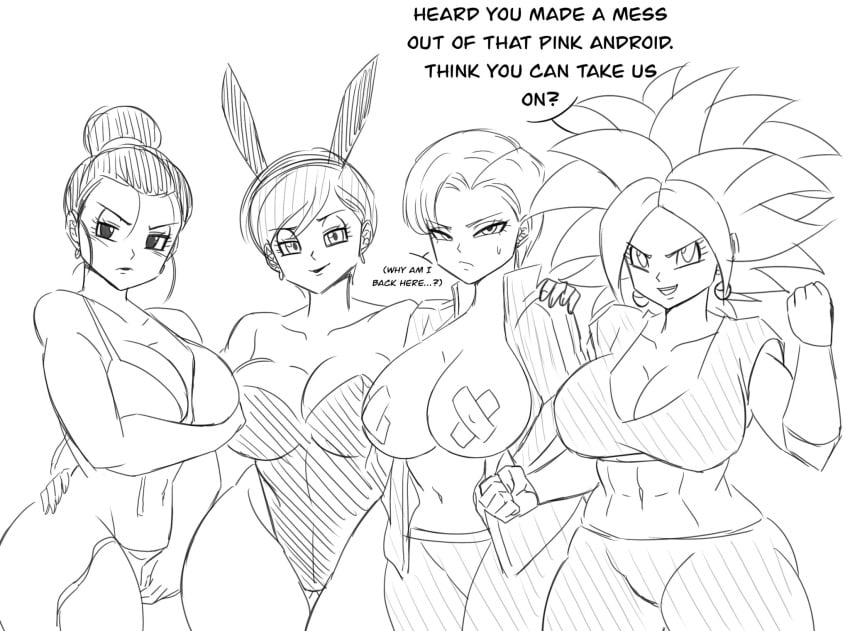 4girls abs android_18 angel_(dragon_ball) big_breasts black_and_white black_eyes black_hair bob_cut bra breasts bulma_(bunny) bulma_briefs bunnysuit chichi cleavage darwaarts dragon_ball dragon_ball_super dragon_ball_z ear_piercing ear_ring earrings english english_text hair hair_bun highres hourglass_figure jacket jacket_open kefla legendary_super_saiyan line_art long_hair milf milfs monochrome no_color panties saiyan short_hair speech_bubble super_saiyan taped_nipples voluptuous voluptuous_female