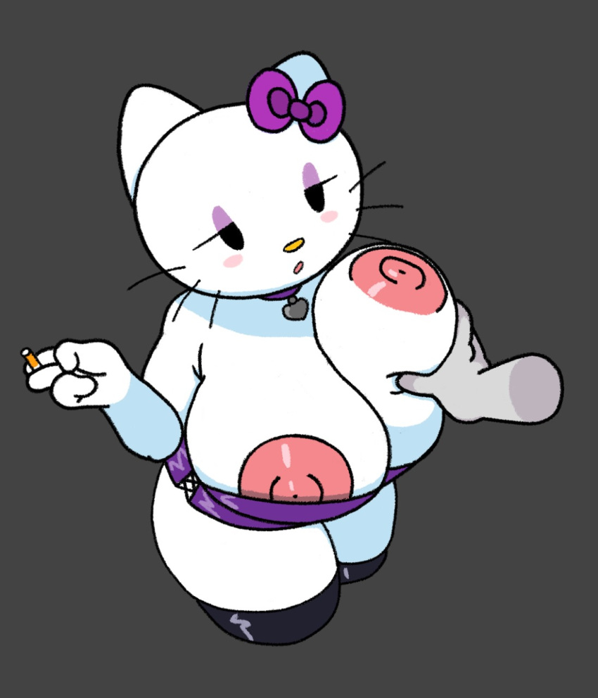 big_breasts careless grabbing grabbing_breasts hello_kitty hello_kitty_(character) hello_kitty_(series) kitty_white miniskirt sanrio skirt smoke smoking thick_thighs thighs